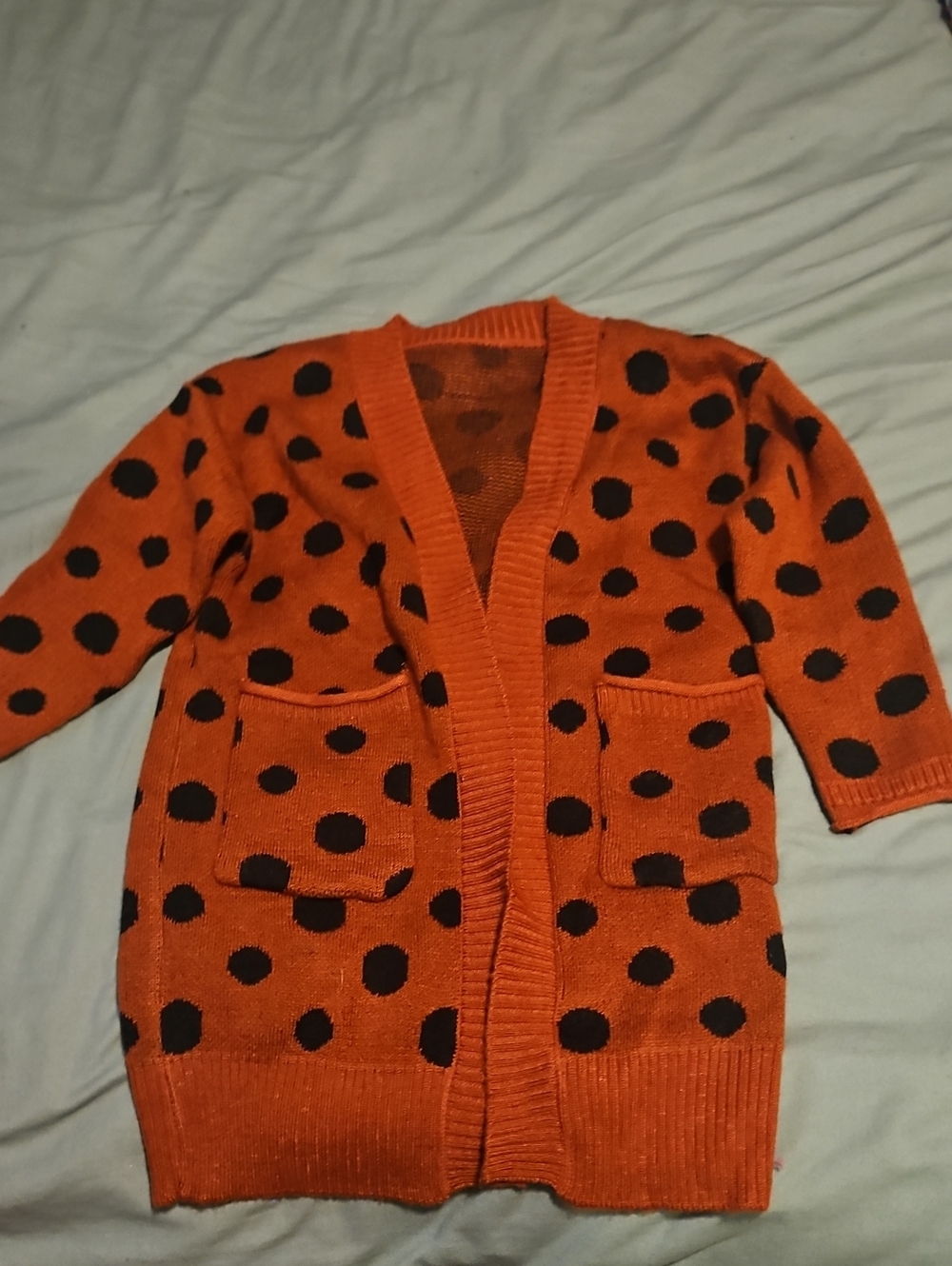 Girls' Orange Polka Dot Open Cardigan Sweater